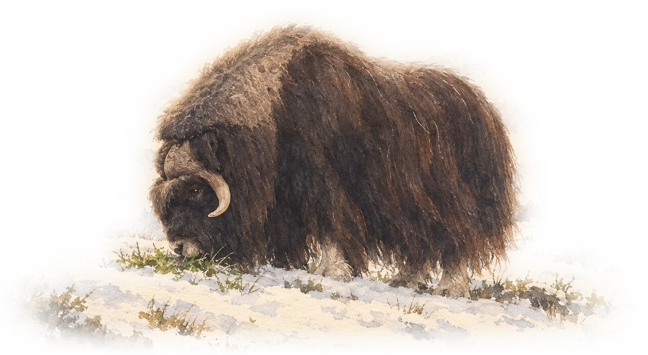 Watercolour of a musk ox grazing on a patch of green grass in the snow.